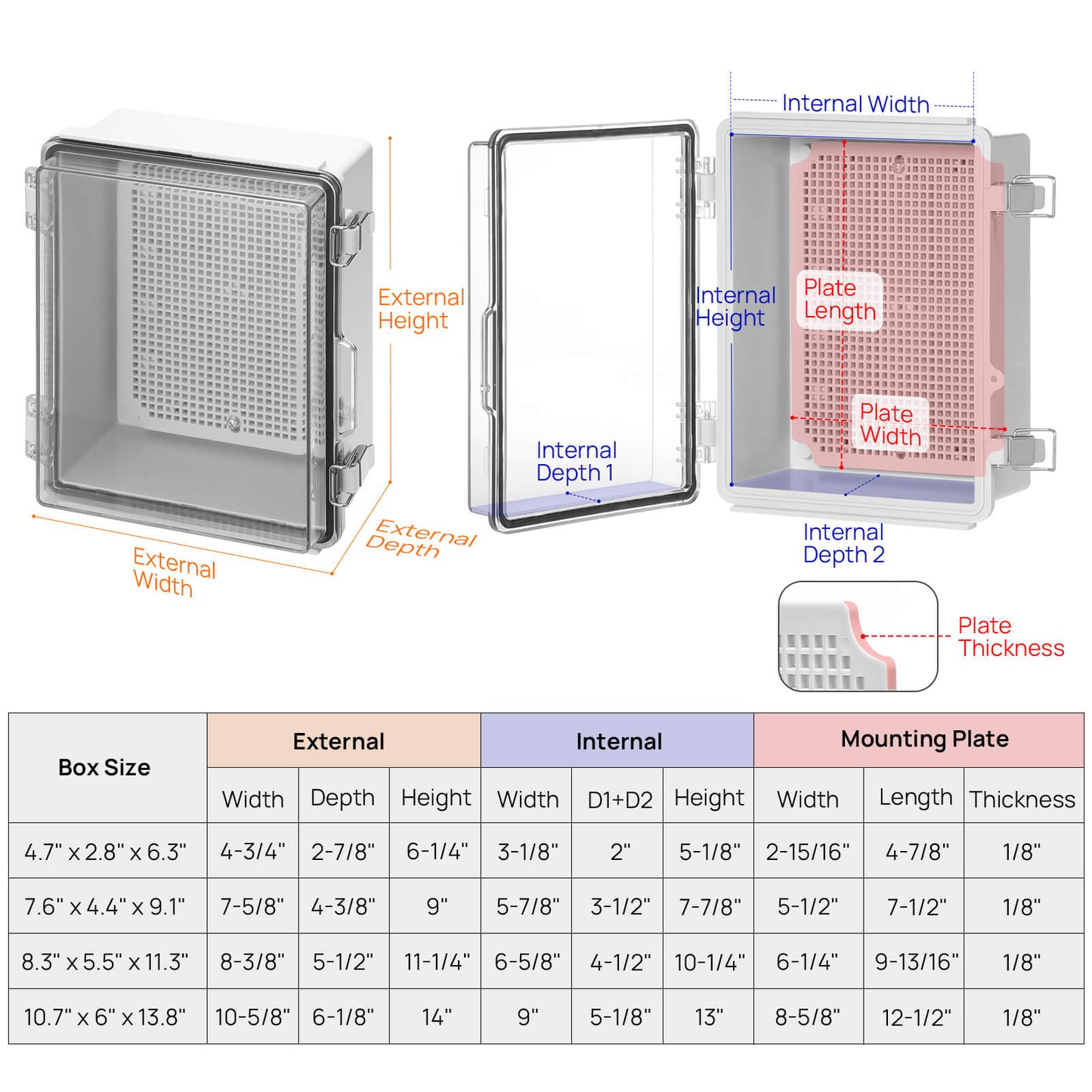 External Height
External Width
External Depth

Internal Height
Internal Width
Internal Depth

Plate Length
Plate Width
Plate Thickness

