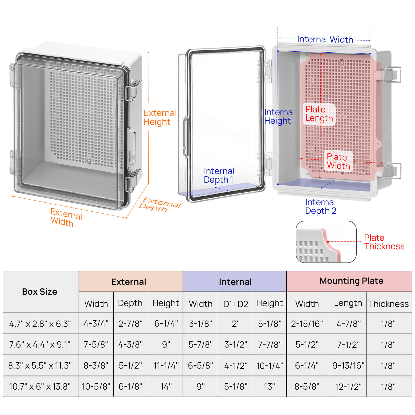 External Height
External Width
External Depth

Internal Height
Internal Width
Internal Depth

Plate Length
Plate Width
Plate Thickness
