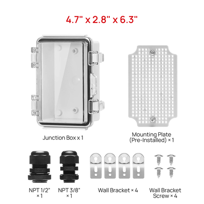 TURBRO Outdoor Electrical Waterproof Junction Box with Latches, ABS Plastic Enclosure Box with Mounting Plate and 304 Stainless Steel Wall Brackets, Hinged Transparent Cover, 4.7” x 2.8” x 6.3”
