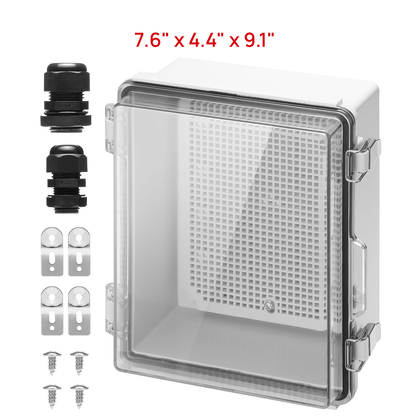 TURBRO Outdoor Electrical Waterproof Junction Box with Latches, ABS Plastic Enclosure Box with Mounting Plate and 304 Stainless Steel Wall Brackets, Hinged Transparent Cover, 7.6" x 4.4" x 9.1" 

