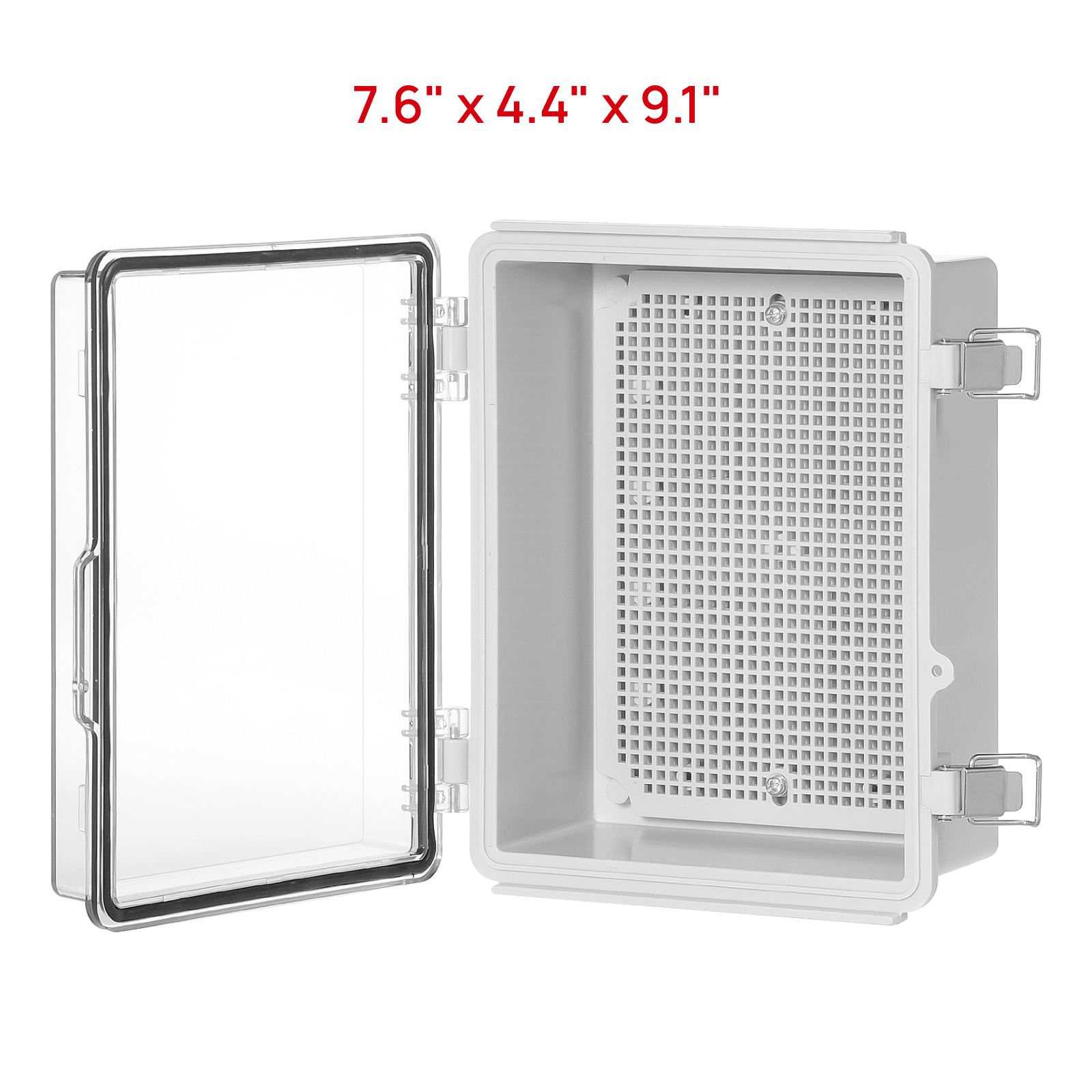 TURBRO Outdoor Electrical Waterproof Junction Box with Latches, ABS Plastic Enclosure Box with Mounting Plate and 304 Stainless Steel Wall Brackets, Hinged Transparent Cover, 7.6" x 4.4" x 9.1" 
