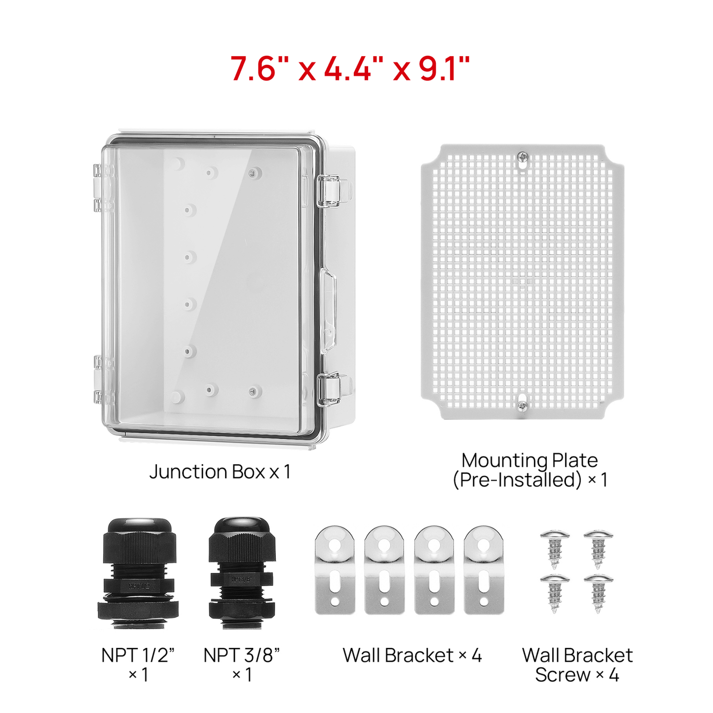 TURBRO Outdoor Electrical Waterproof Junction Box with Latches, ABS Plastic Enclosure Box with Mounting Plate and 304 Stainless Steel Wall Brackets, Hinged Transparent Cover, 7.6" x 4.4" x 9.1" 
