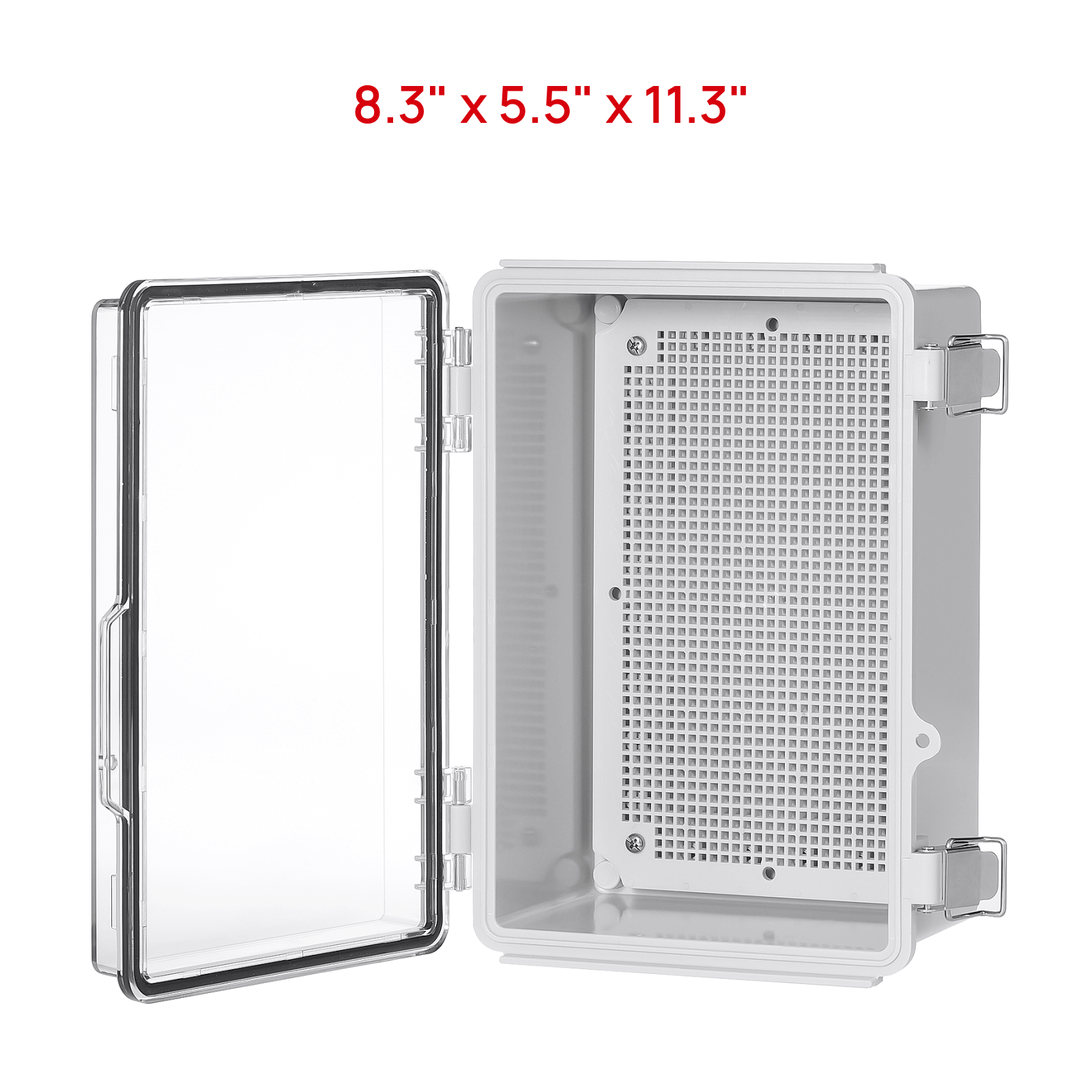 TURBRO Outdoor Electrical Waterproof Junction Box with Latches, ABS Plastic Enclosure Box with Mounting Plate and 304 Stainless Steel Wall Brackets, Hinged Transparent Cover, 8.3" x 5.5" x 11.3"