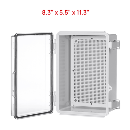 TURBRO Outdoor Electrical Waterproof Junction Box with Latches, ABS Plastic Enclosure Box with Mounting Plate and 304 Stainless Steel Wall Brackets, Hinged Transparent Cover, 8.3" x 5.5" x 11.3"