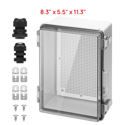 TURBRO Outdoor Electrical Waterproof Junction Box with Latches, ABS Plastic Enclosure Box with Mounting Plate and 304 Stainless Steel Wall Brackets, Hinged Transparent Cover, 8.3" x 5.5" x 11.3"