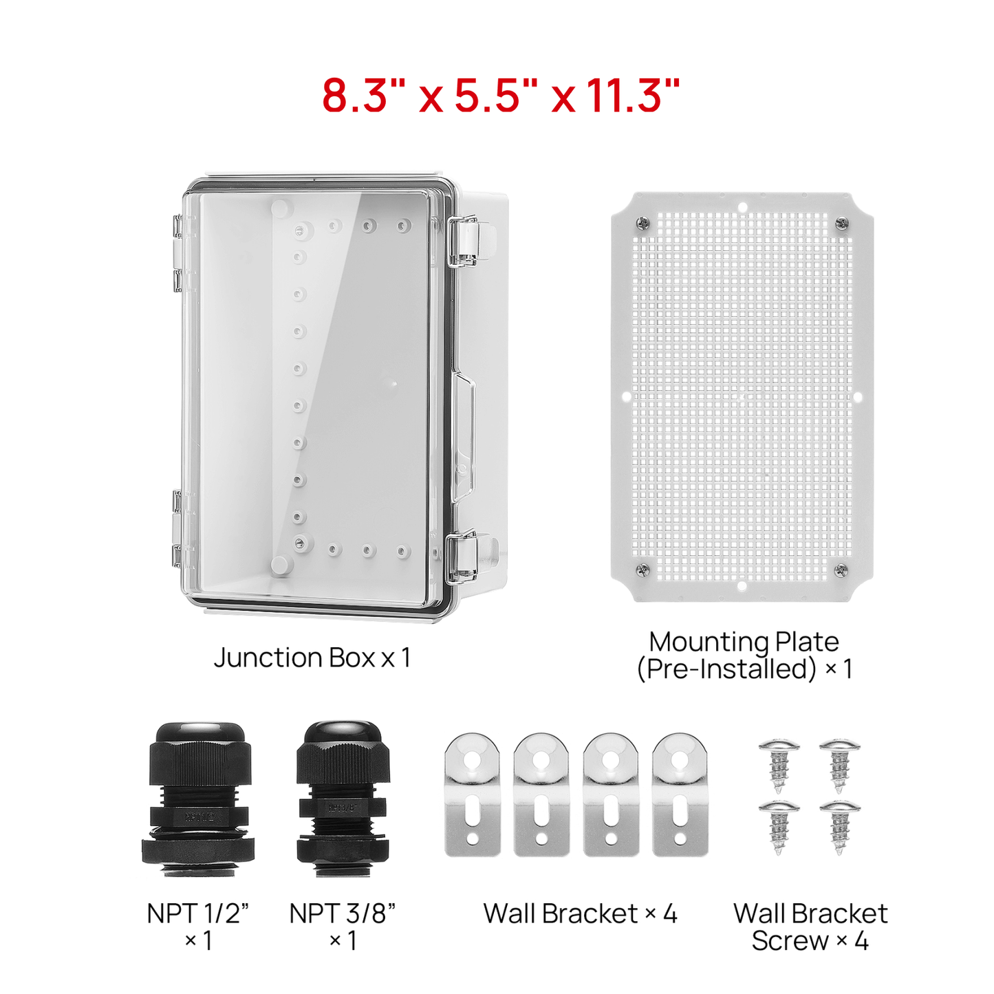 TURBRO Outdoor Electrical Waterproof Junction Box with Latches, ABS Plastic Enclosure Box with Mounting Plate and 304 Stainless Steel Wall Brackets, Hinged Transparent Cover, 8.3" x 5.5" x 11.3"