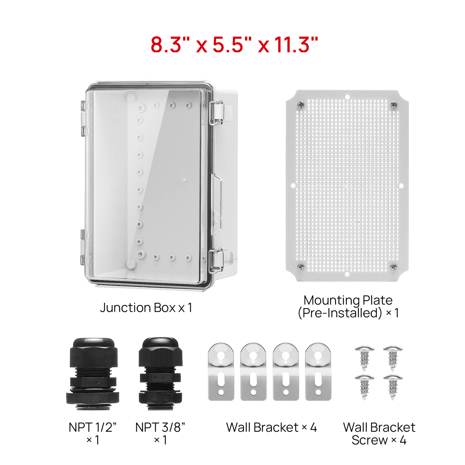 TURBRO Outdoor Electrical Waterproof Junction Box with Latches, ABS Plastic Enclosure Box with Mounting Plate and 304 Stainless Steel Wall Brackets, Hinged Transparent Cover, 8.3" x 5.5" x 11.3"