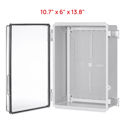 TURBRO Outdoor Electrical Waterproof Junction Box with Latches, ABS Plastic Enclosure Box with Mounting Plate and 304 Stainless Steel Wall Brackets, Hinged Transparent Cover, 10.7" x 6" x 13.8"
