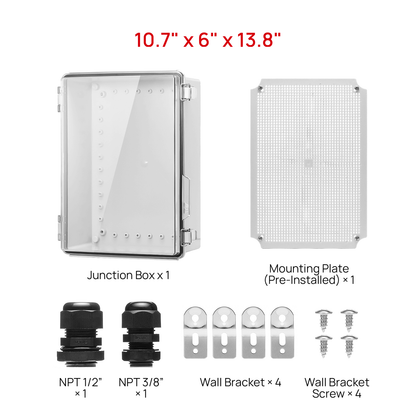TURBRO Outdoor Electrical Waterproof Junction Box with Latches, ABS Plastic Enclosure Box with Mounting Plate and 304 Stainless Steel Wall Brackets, Hinged Transparent Cover, 10.7" x 6" x 13.8"

