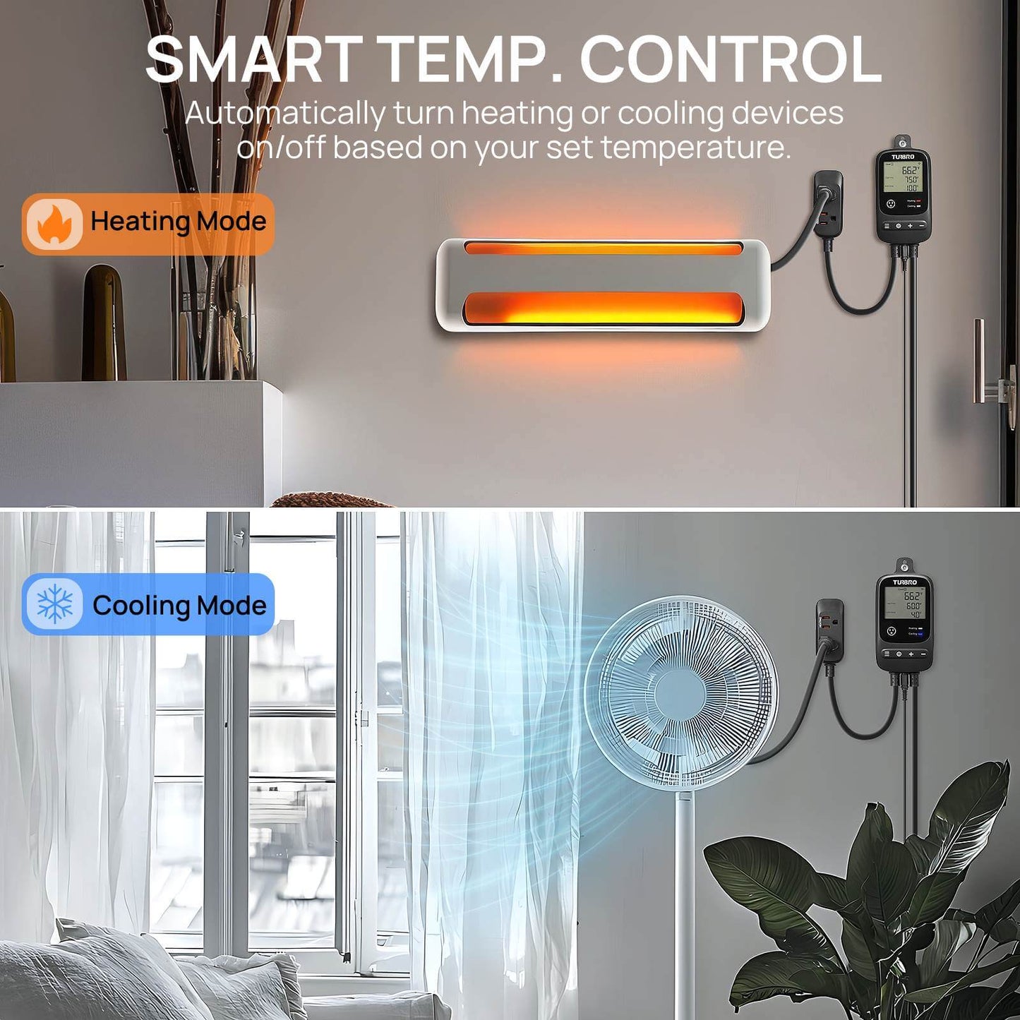 SMART TEMP. CONTROL
Automatically turn heating or cooling devices on/off based on your set temperature.


Cooling Mode
Heating Mode

