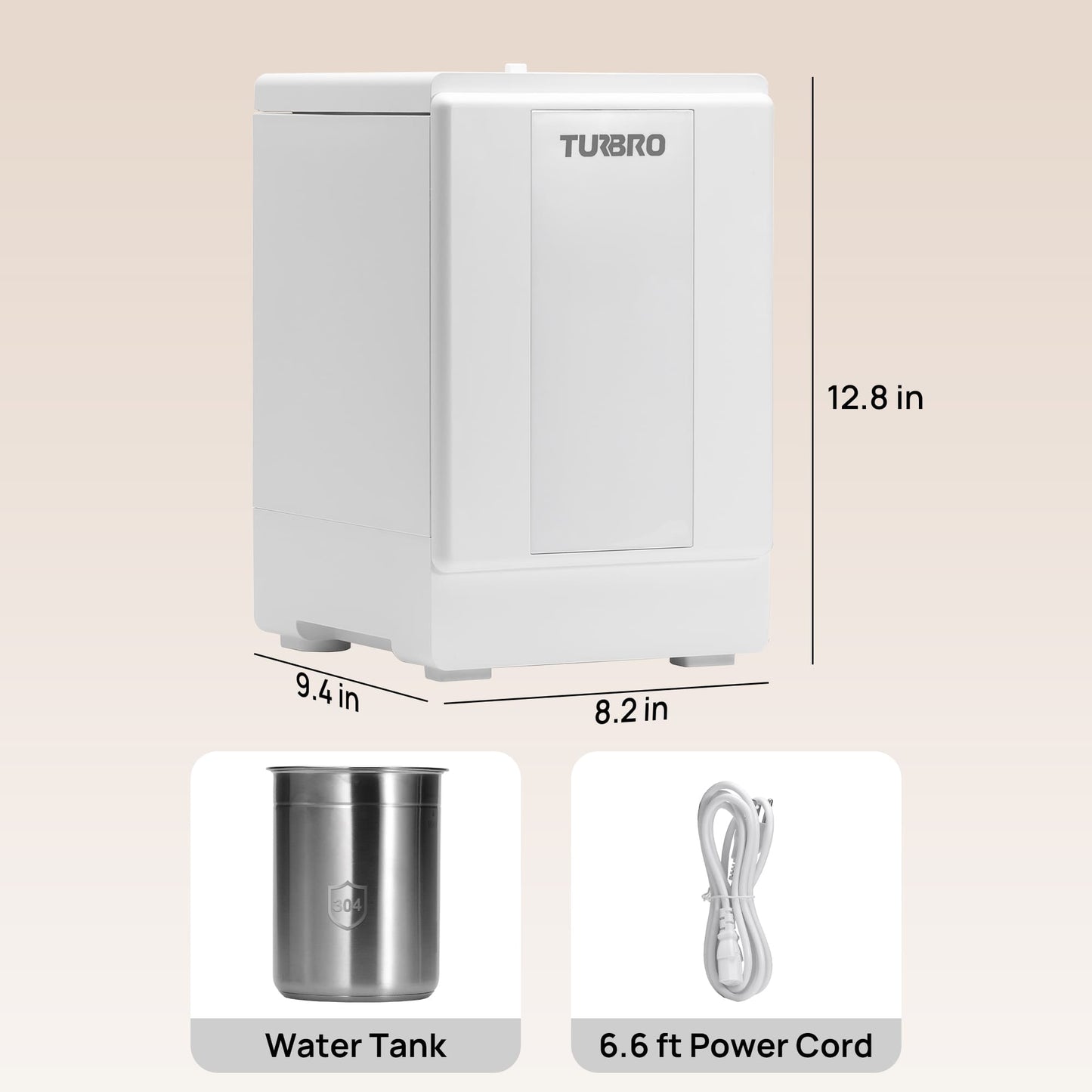 TURBRO hand dryer with dimensions and accessories on a beige background