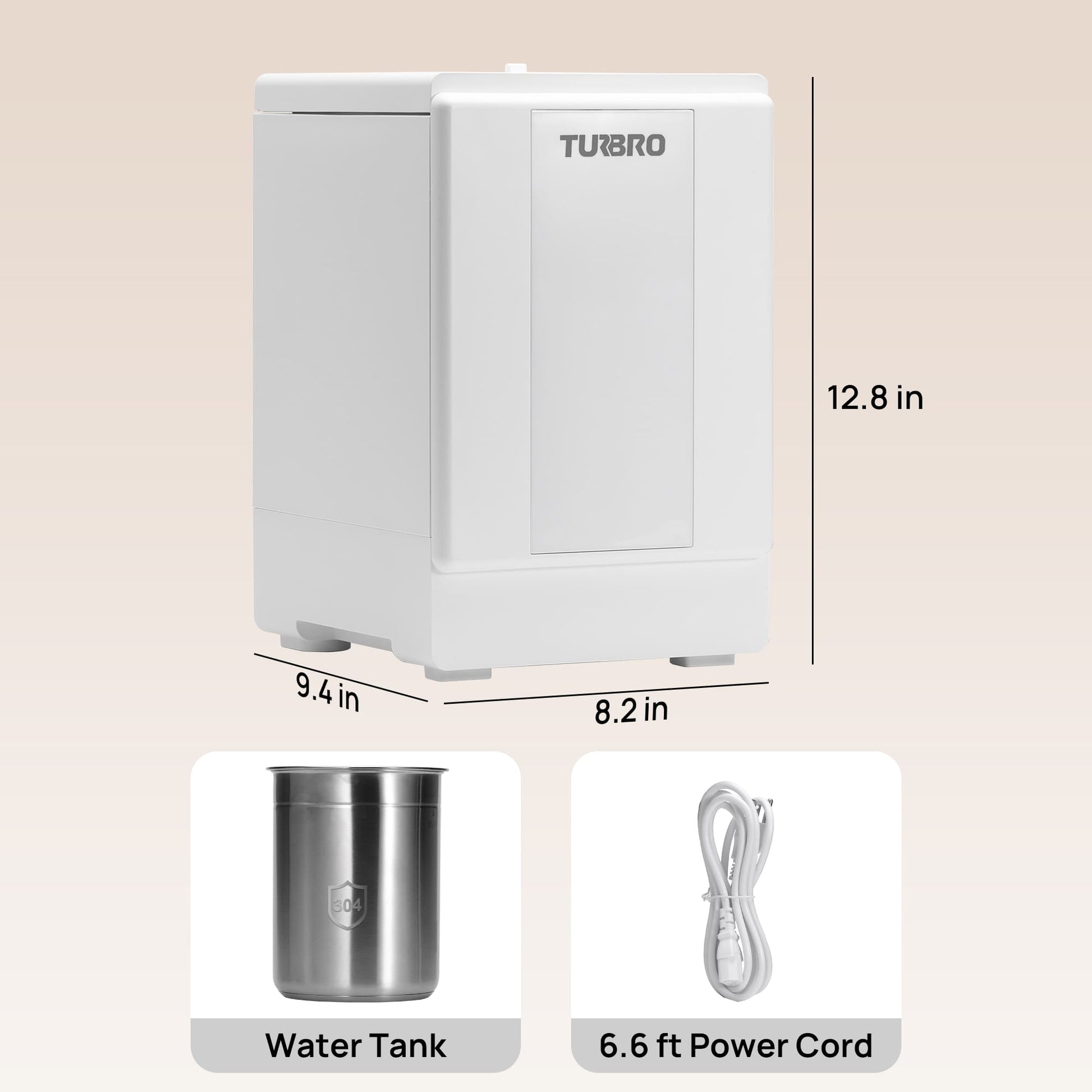 TURBRO hand dryer with dimensions and accessories on a beige background