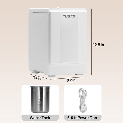 TURBRO hand dryer with dimensions and accessories on a beige background