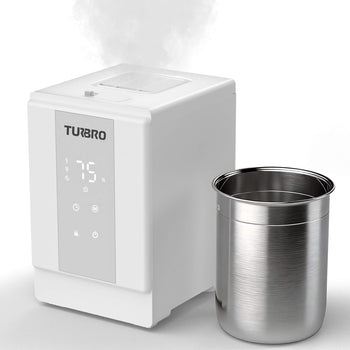 A white TURBRO steam sterilizer shown with a stainless steel cup, with steam visibly rising from the top, on a clean white background.,view 1