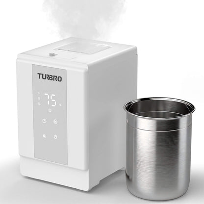 A white TURBRO steam sterilizer shown with a stainless steel cup, with steam visibly rising from the top, on a clean white background.