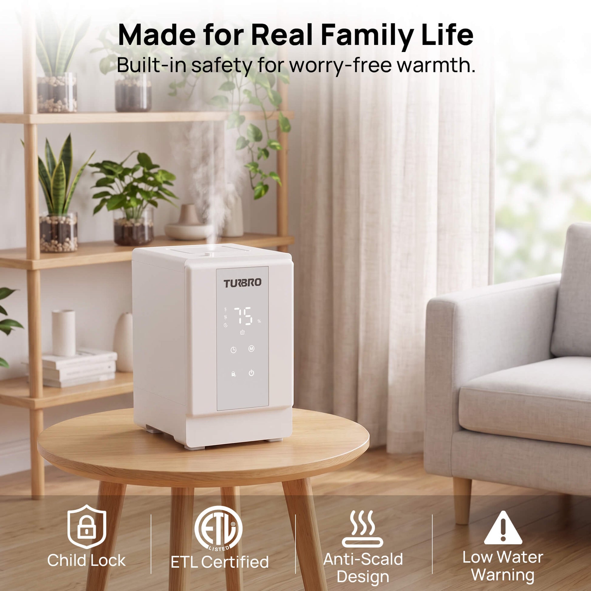 A white TURBO humidifier sitting on a round wooden table in a bright, modern living room. Steam is visibly rising from the top of the device.