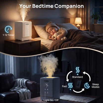 A dual-panel promotional graphic for a TURBRO humidifier. The top panel shows the humidifier on a bedside table next to a sleeping child in bed, with text reading 'Your Bedtime Companion' and '1-12 Timer'.