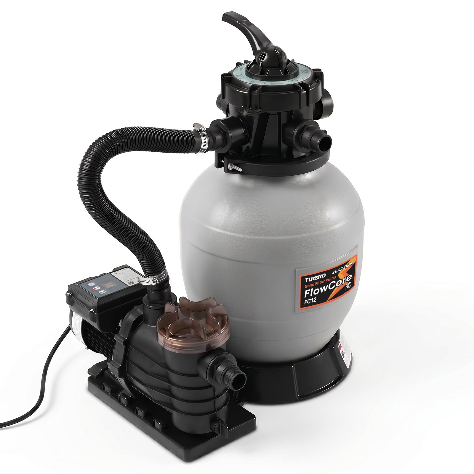 Pool sand filter system with pump on a white background
