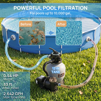 Pool filtration system with pump and hoses next to a pool on grass. ,view 2