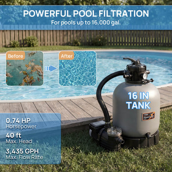 Pool filtration system with specifications displayed in front of a pool. ,view 2
