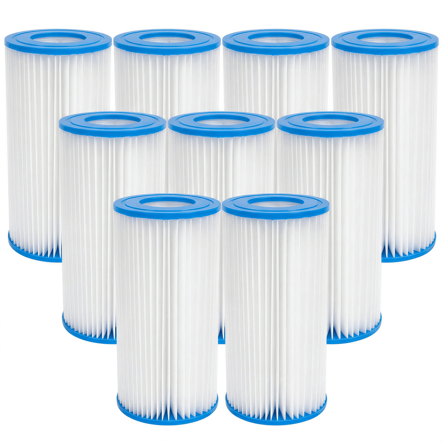 Set of eight cylindrical filter cartridges with blue ends on a white background