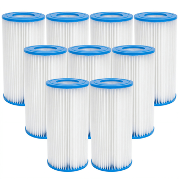 Set of eight cylindrical filter cartridges with blue ends on a white background,view 1