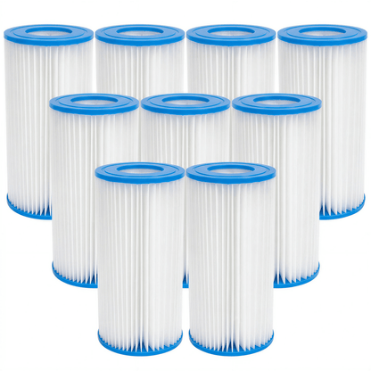 Set of eight cylindrical filter cartridges with blue ends on a white background