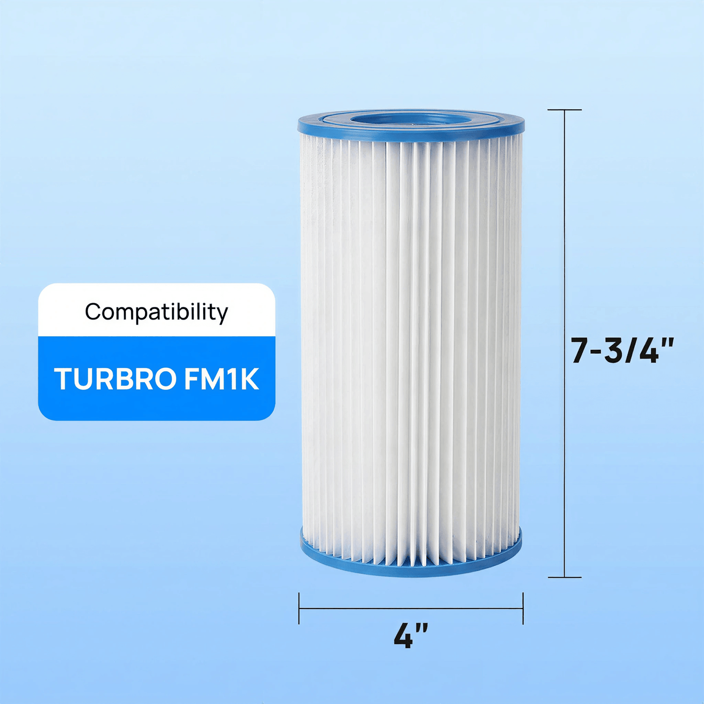 Filter cartridge with dimensions and compatibility label on a blue background
