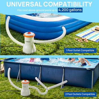Pool pump system with text about compatibility and features, shown in two pool settings. ,view 2