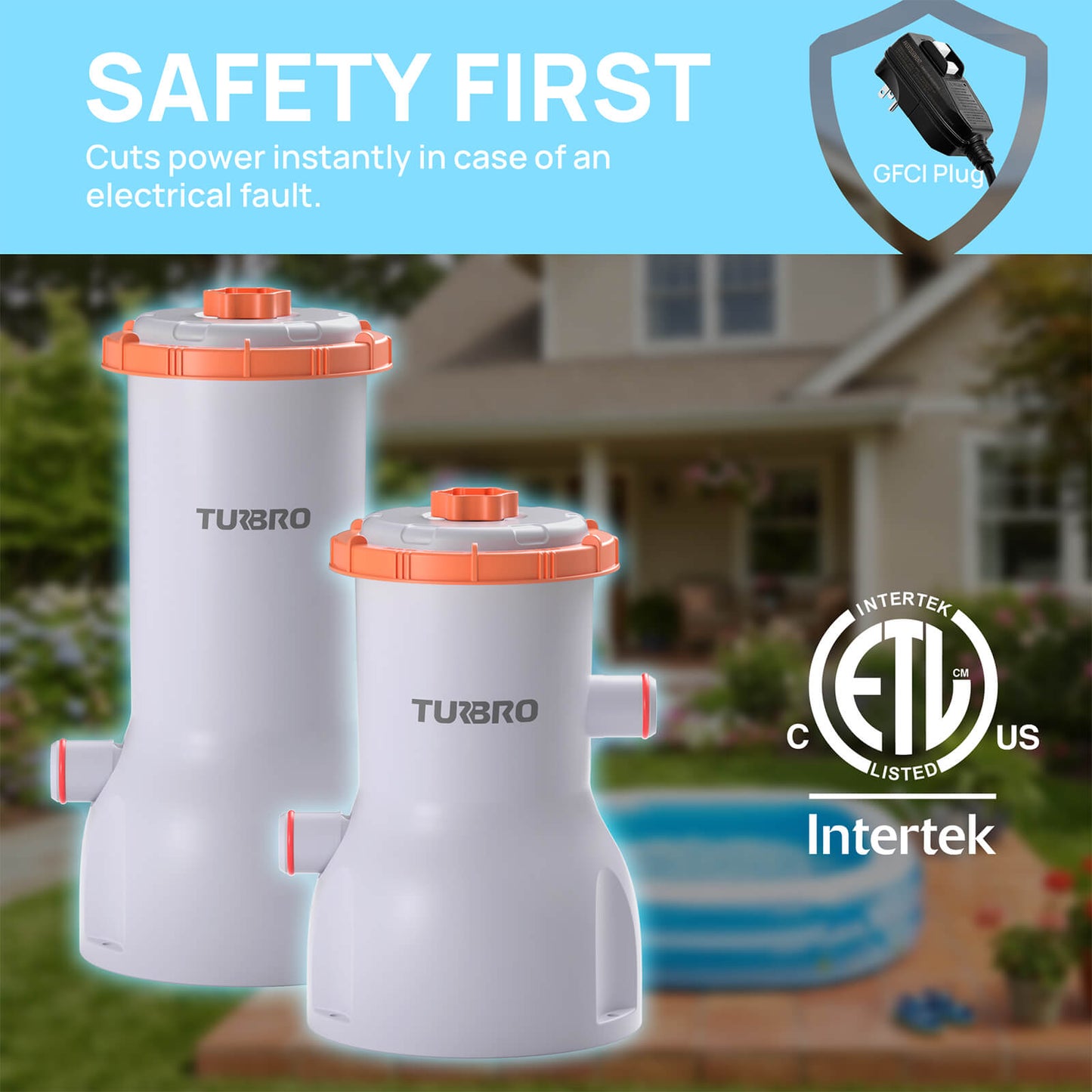 TURBRO safety device with orange top on a blurred background of a house and pool.