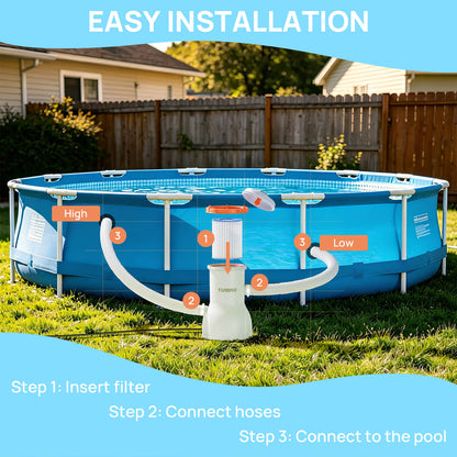 Inflatable pool with filtration system on grass, easy installation steps displayed