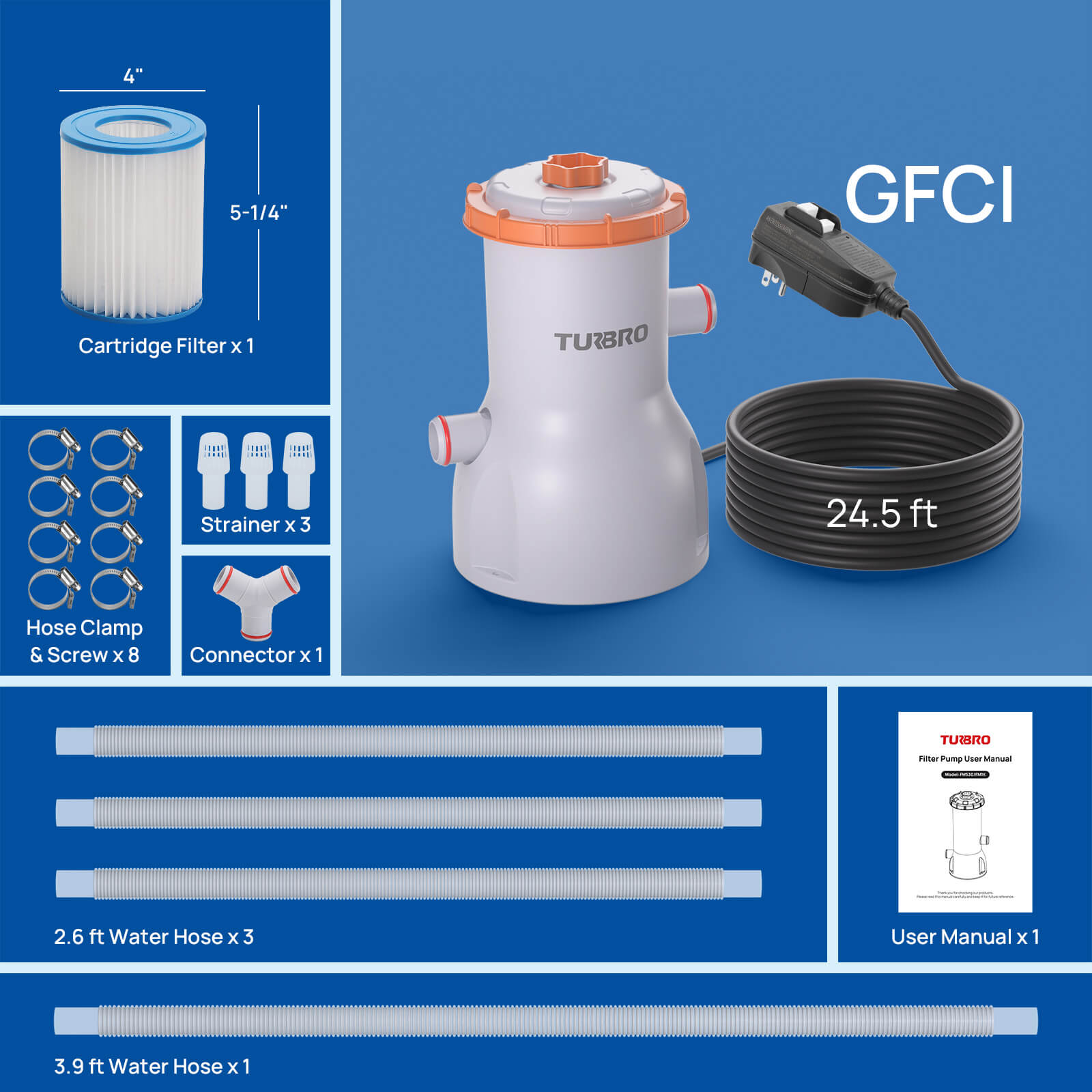 TURBRO pool filter system with components and accessories on a blue background