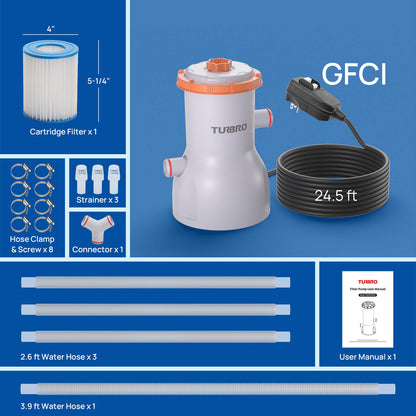 TURBRO pool filter system with components and accessories on a blue background