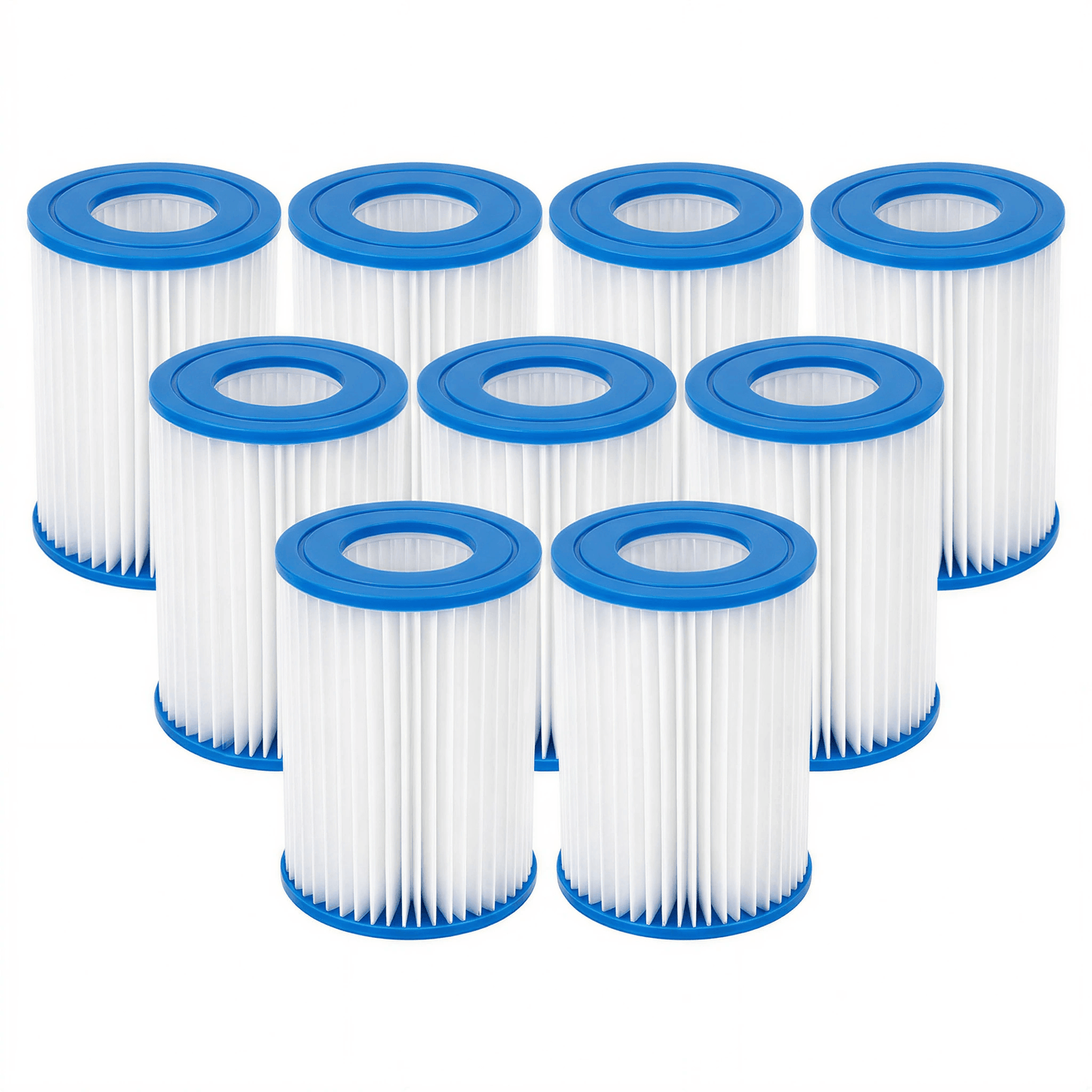 Set of twelve white filter cartridges with blue ends on a white background