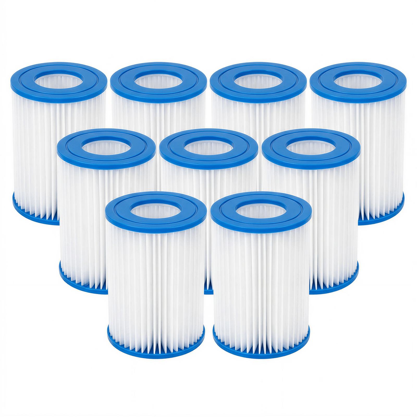 Set of twelve white filter cartridges with blue ends on a white background