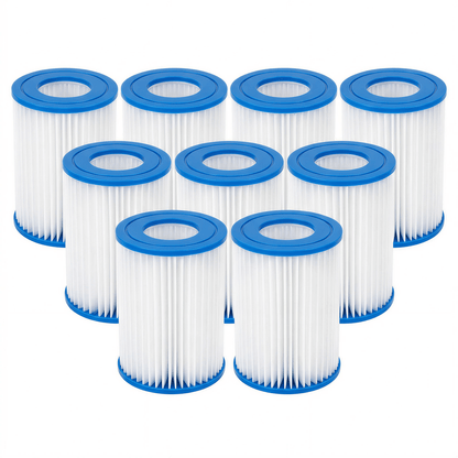 Set of twelve white filter cartridges with blue ends on a white background