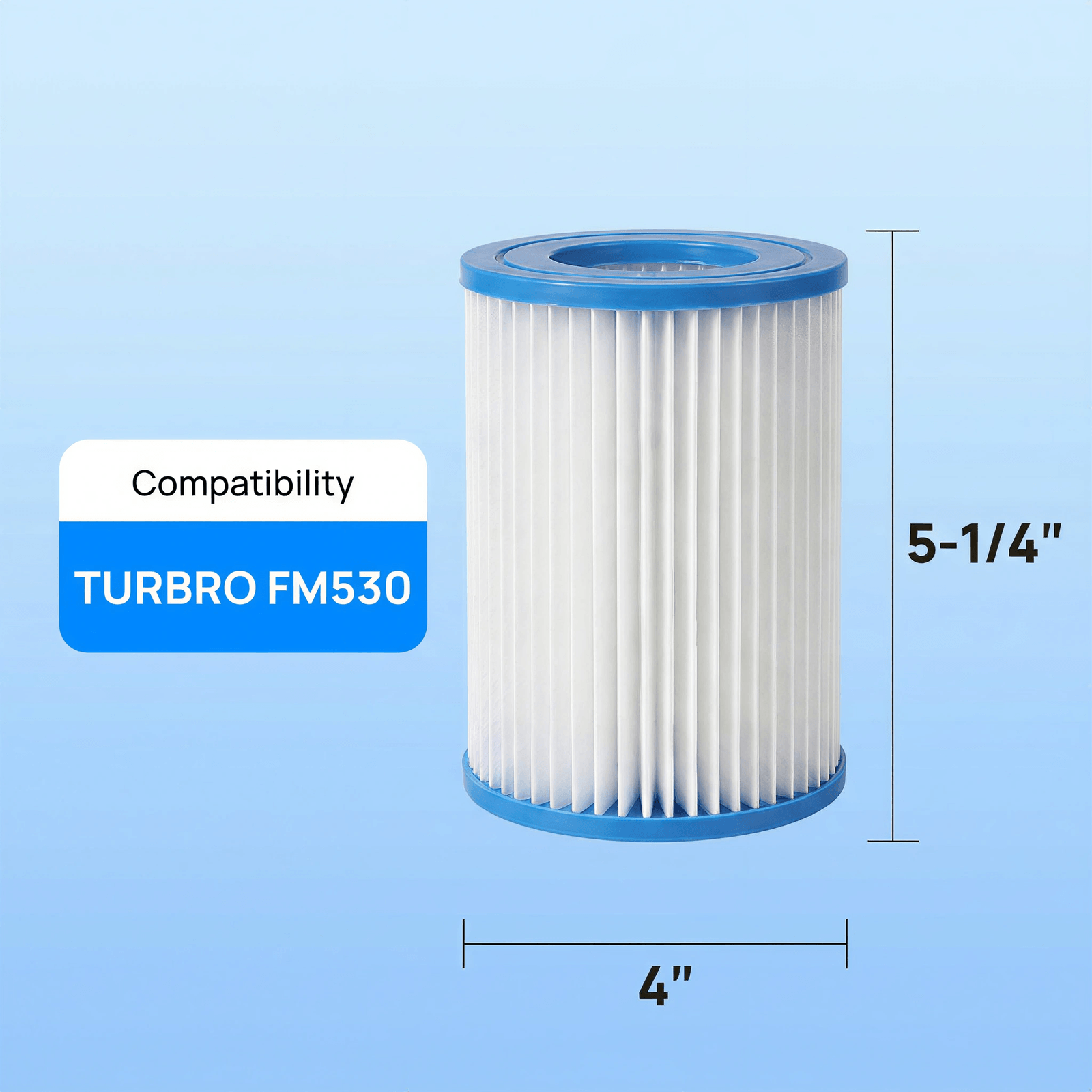 Filter cartridge with compatibility label and dimensions on a blue background