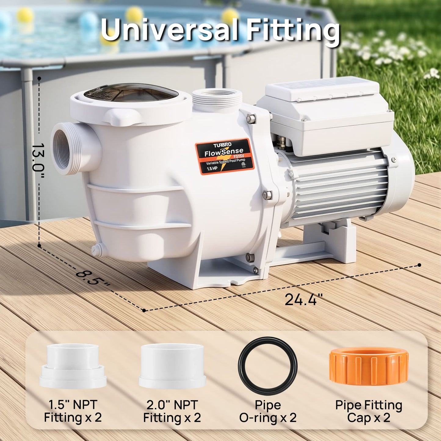 Pool pump with accessories on a wooden deck by a pool