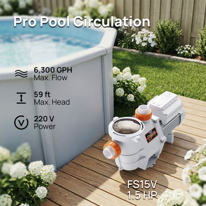 Pool pump with specifications next to a pool in a garden setting