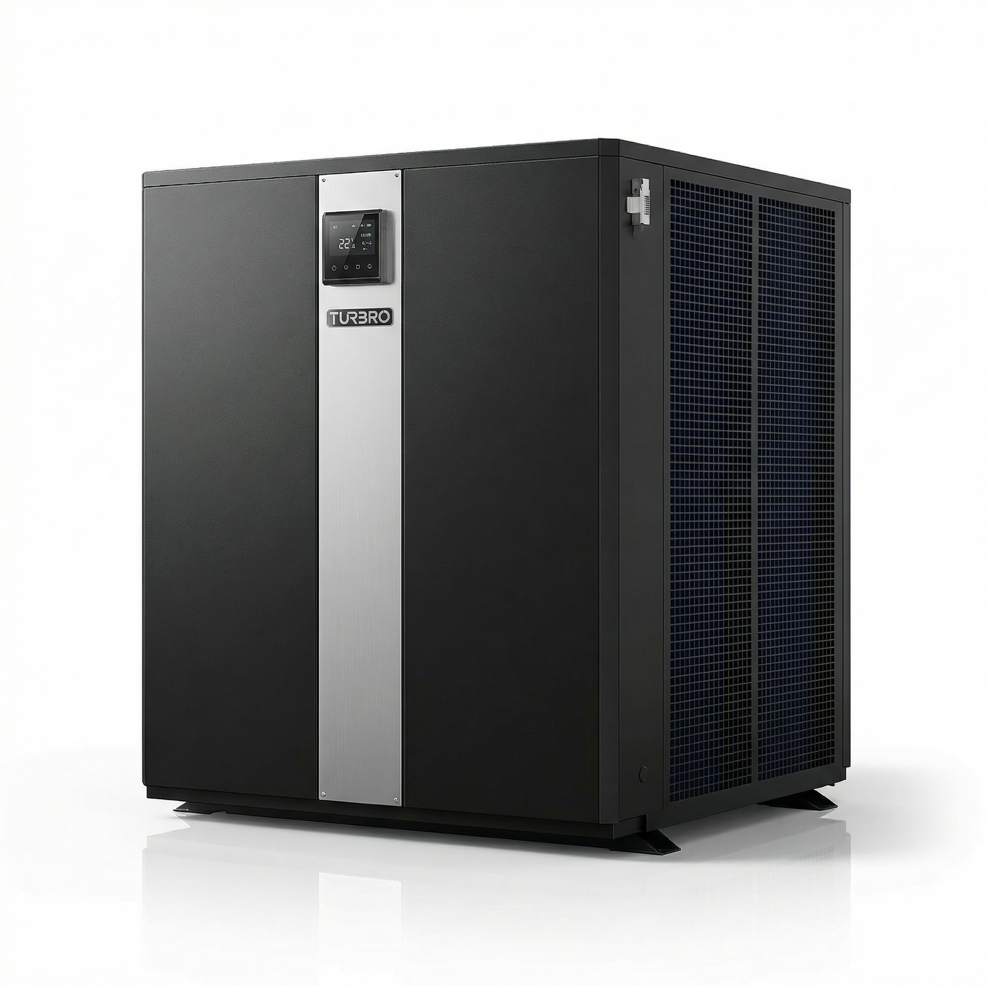 Black air conditioning unit with silver accents on a white background