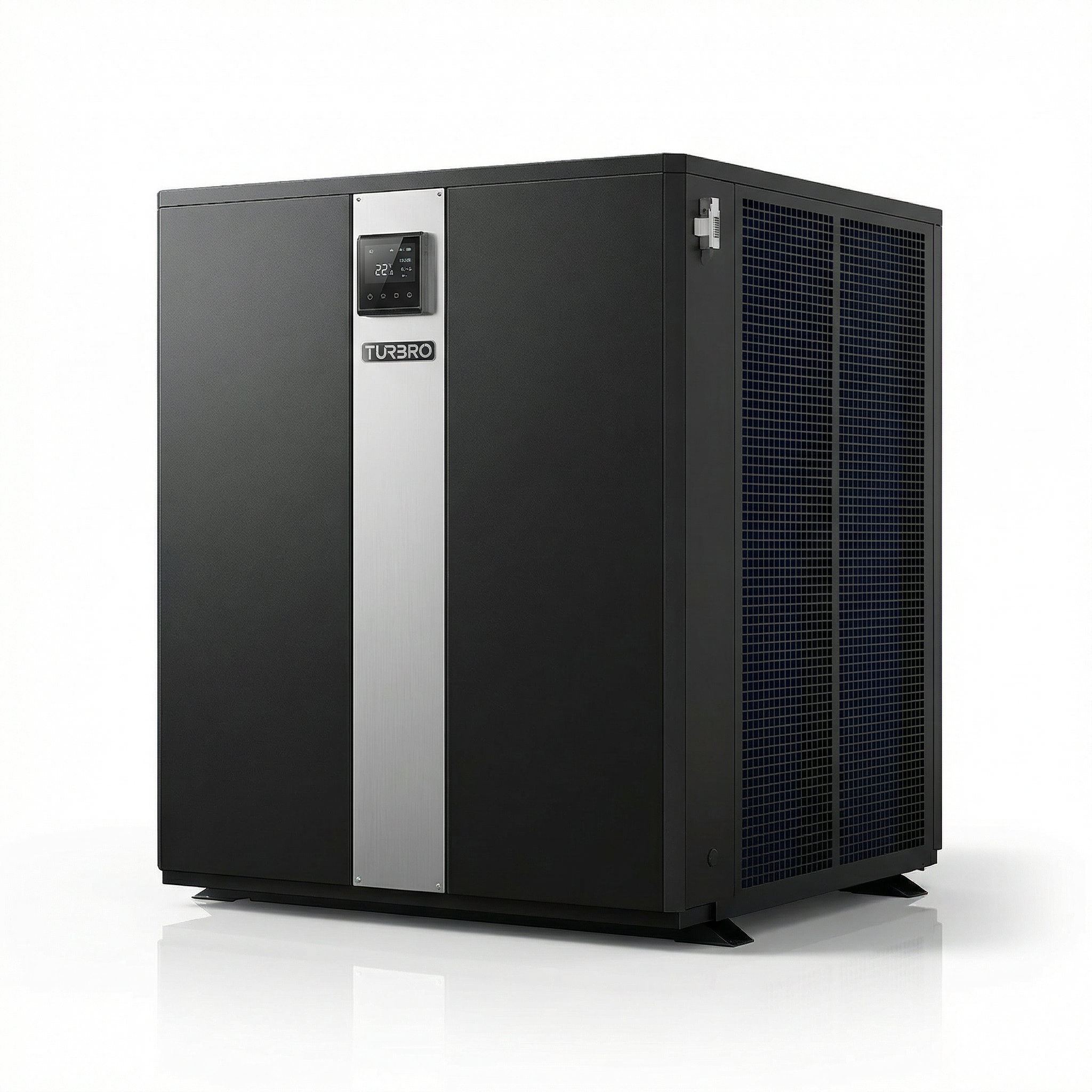 Black air conditioning unit with silver accents on a white background