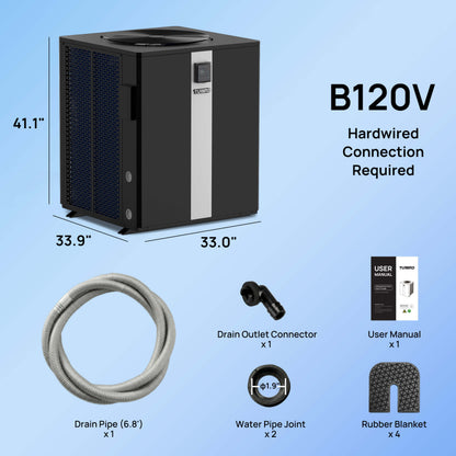 Pool heat pump with dimensions, accessories, and specifications on a light blue background