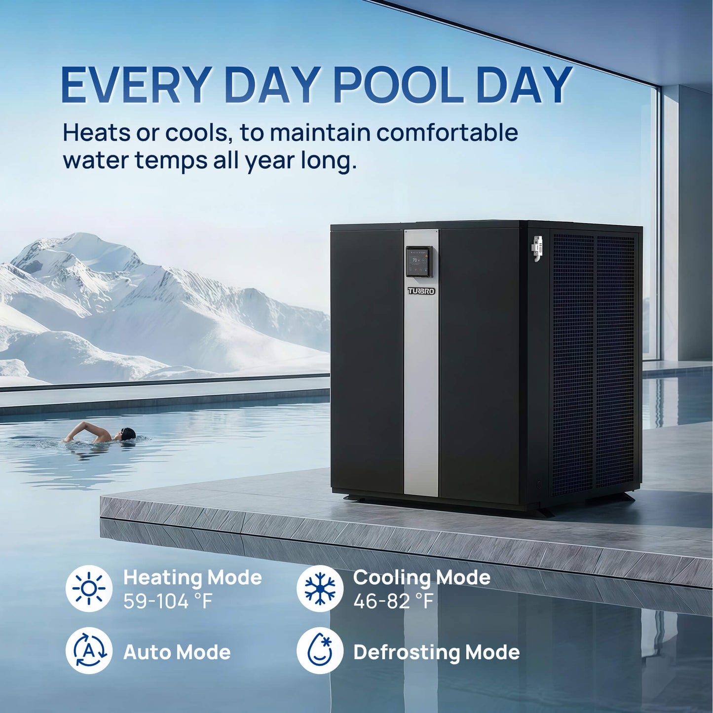 Pool heat pump with pool and mountain view in the background