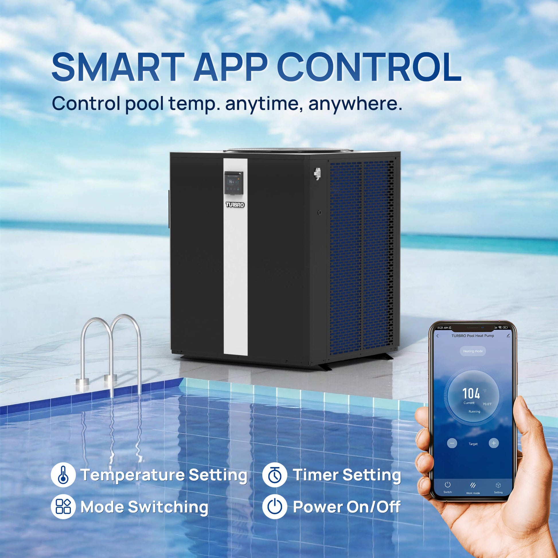 Pool heat pump with smartphone app control over a pool and beach background