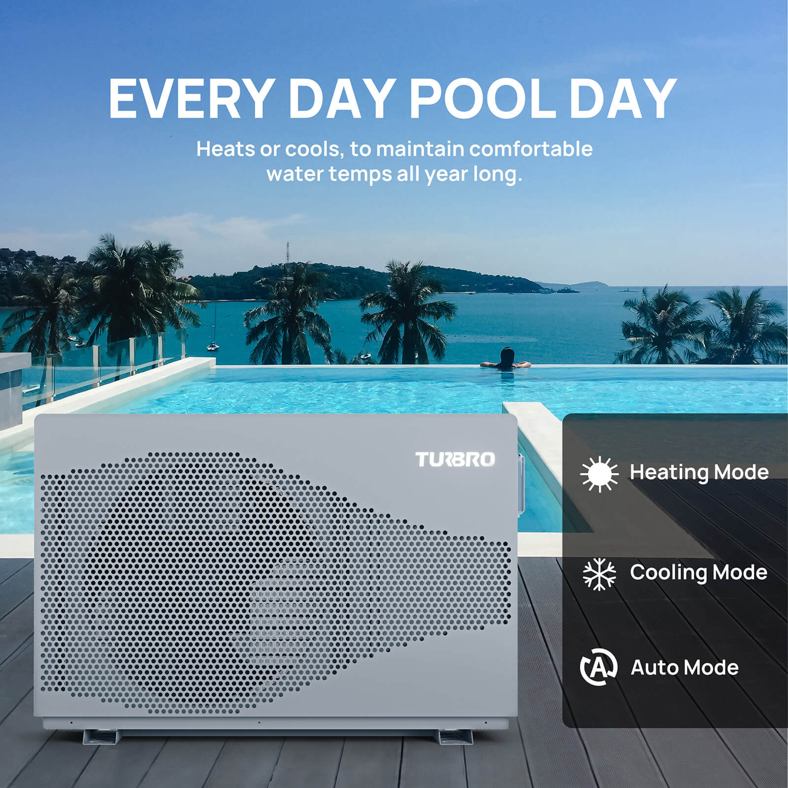 Turbo pool heater with a pool and scenic background, featuring text about pool temperature maintenance.