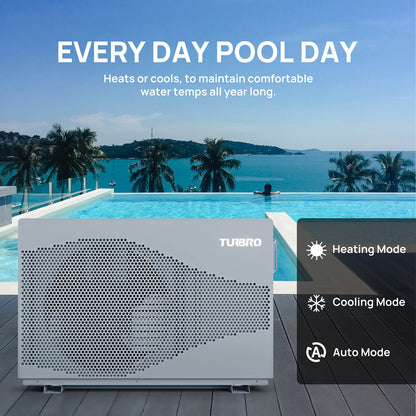 Turbo pool heater with a pool and scenic background, featuring text about pool temperature maintenance.