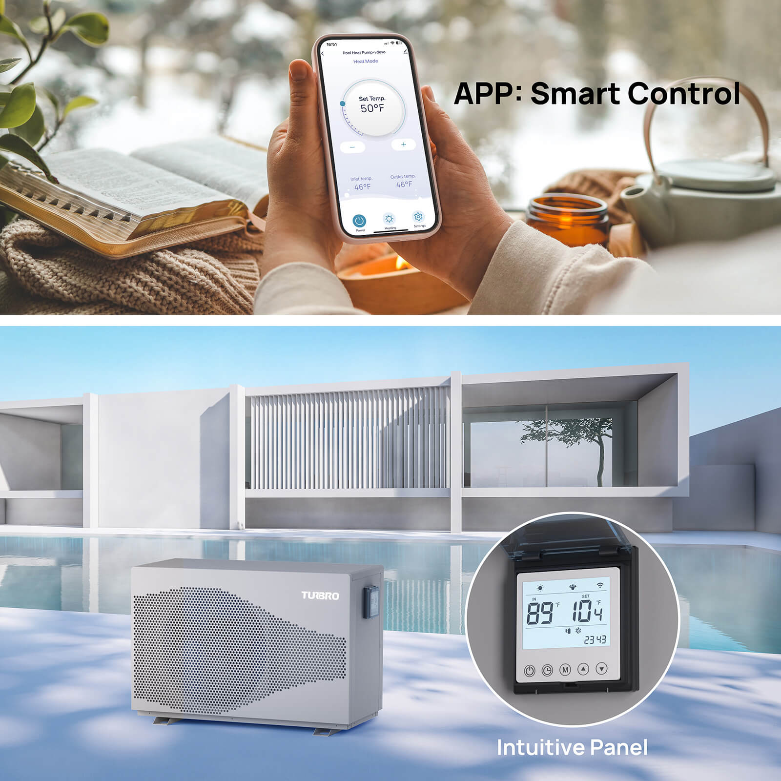 Smart control app on a phone with a person holding it, and a modern building with a pool and temperature display.