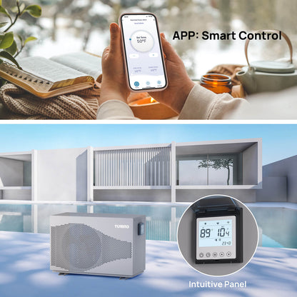 Smart control app on a phone with a person holding it, and a modern building with a pool and temperature display.