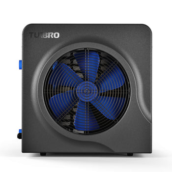 Black pool heat pump with blue blades on a white background,view 1