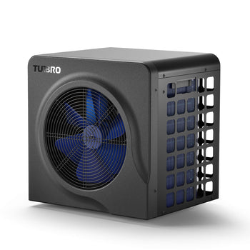 Black pool heat pump with blue blades on a white background ,view 2